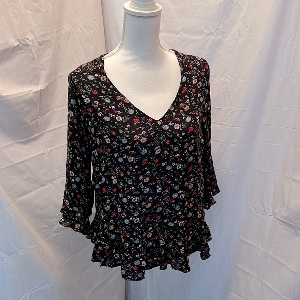Cynthia Rowley Blouse (black) w/small multi-colored flowers.